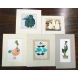 5 SIGNED LINOCUT PRINTS, ALL IN CARD FRAME MOUNTS, SOME ON HANDCRAFTED PAPER,