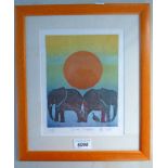 FRAMED LINOCUT PRINT 'DOUBLE ELEPHANT' ARTISTS PROOF SIGNED,