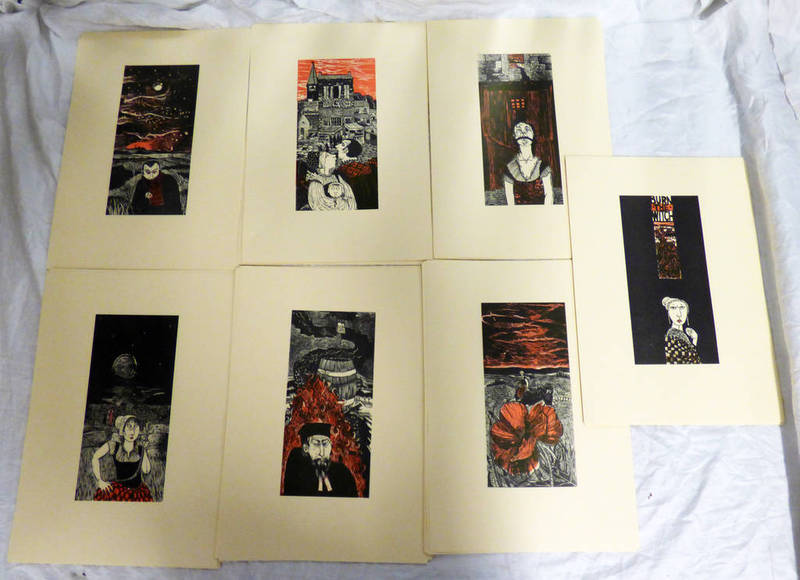 SELECTION OF UNSIGNED LINOCUT TO INCLUDE 'BURN THE WITCH' ETC,