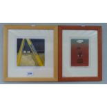 2 FRAMED LINOCUT PRINTS TO INCLUDE 'GRANNY'S GETTING BROADBAND' 2/6 SIGNED,