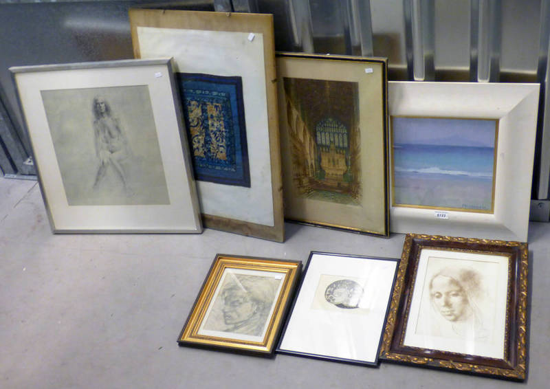 6 FRAMED & UNFRAMED PAINTINGS, DRAWINGS, ETCHINGS, ETC,