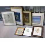 6 FRAMED & UNFRAMED PAINTINGS, DRAWINGS, ETCHINGS, ETC,