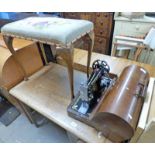 TAPESTRY TOPPED STOOL & CASED SINGER SEWING MACHINE