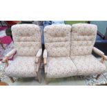 BEECH FRAMED SETTEE AND ARMCHAIR