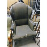 19TH CENTURY WINGBACK ARMCHAIR ON SQUARE SUPPORT Condition Report: Needs re
