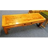 CHINESE HARDWOOD LOW TABLE ON SHAPED SUPPORTS - LENGTH 112CM