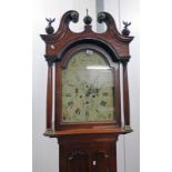 MAHOGANY CASED GRANDFATHER CLOCK WITH PAINTED ENAMEL FACE MARKED W.