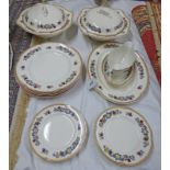 JOHNSON BROTHERS PAREEK PATTERN DINNERWARE WITH LIDDED SERVING BOWLS, GRAVY BOAT, PLATES,