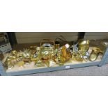 SELECTION OF VARIOUS BRASS WARE WITH CANDLE STICKS, COINS, KETTLE ETC, CUCKOO CLOCK,