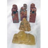 5 CHINESE HARDSTONE FIGURAL SEALS WITH A SPHINX, MONK, DOGS OF FO,