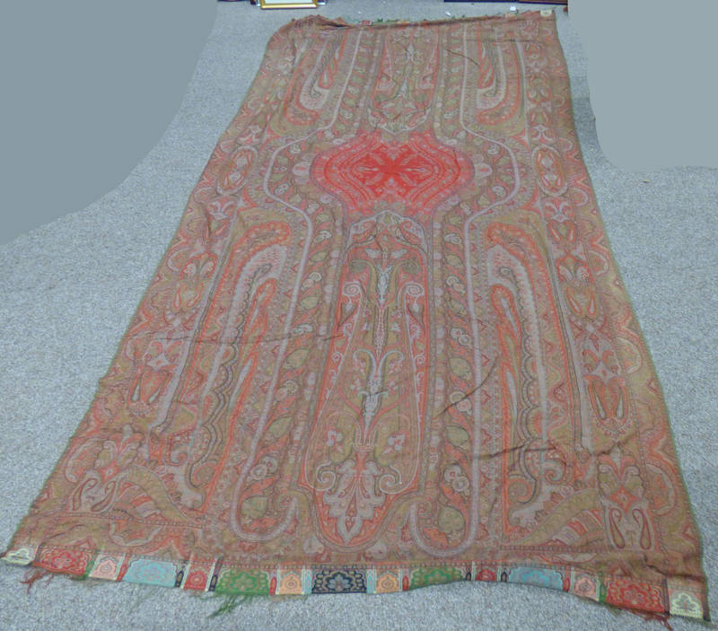 PAISLEY SHAWL - 325 X 161 CM ART DECO STYLE HATS, WOOL WORK TABLE CLOTHS, ORIENTAL SILK WORK,