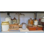 SELECTION OF VARIOUS STONEWARE JARS & BOTTLES, TWO SETS OF SCALES,