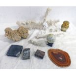 MINERAL SAMPLES TO INCLUDE CUT AGATE, DESERT ROSE GYPSUM, HARDSTONE OWL, HARDSTONE SPHERE,