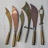 6 TRENCH ART PAPER KNIVES, BRASS AND COPPER BLADES,