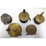 4 UNMARKED BRASS REELS OF VARYING SIZE AND A 2 1/2 ARMY & NAVY -5-