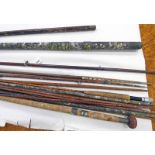 SELECTION OF GREEN HEART FISHING RODS, ETC TO INCLUDE SOLE MAKERS PLAYFAIR ABERDEEN ROD,