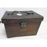 EARLY 20TH CENTURY LEATHER AND BRASS TACKLE BOX WITH FALL-FRONT, BRASS CATCH,