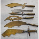 6 TRENCH ART PAPER KNIVES, 5 WITH BRASS BLADES, ONE KNIFE MARKED 'H.M.S. PRINCESS BEATRICE'.