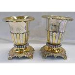 2 18TH OR 19TH CENTURY WHITE METAL URNS WITH VARIOUS MARKINGS 26 OZS - 13CM TALL