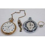 9CT GOLD OPAL RING, CHROME POCKET WATCH & GOLD PLATED OPEN FACED POCKET WATCH,