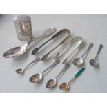 WHITE METAL OVAL BOX WITH CREST, SILVER GOLFING SPOON, VARIOUS OTHER SILVER SPOONS,