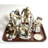 Seven Lladro figures and a small dish