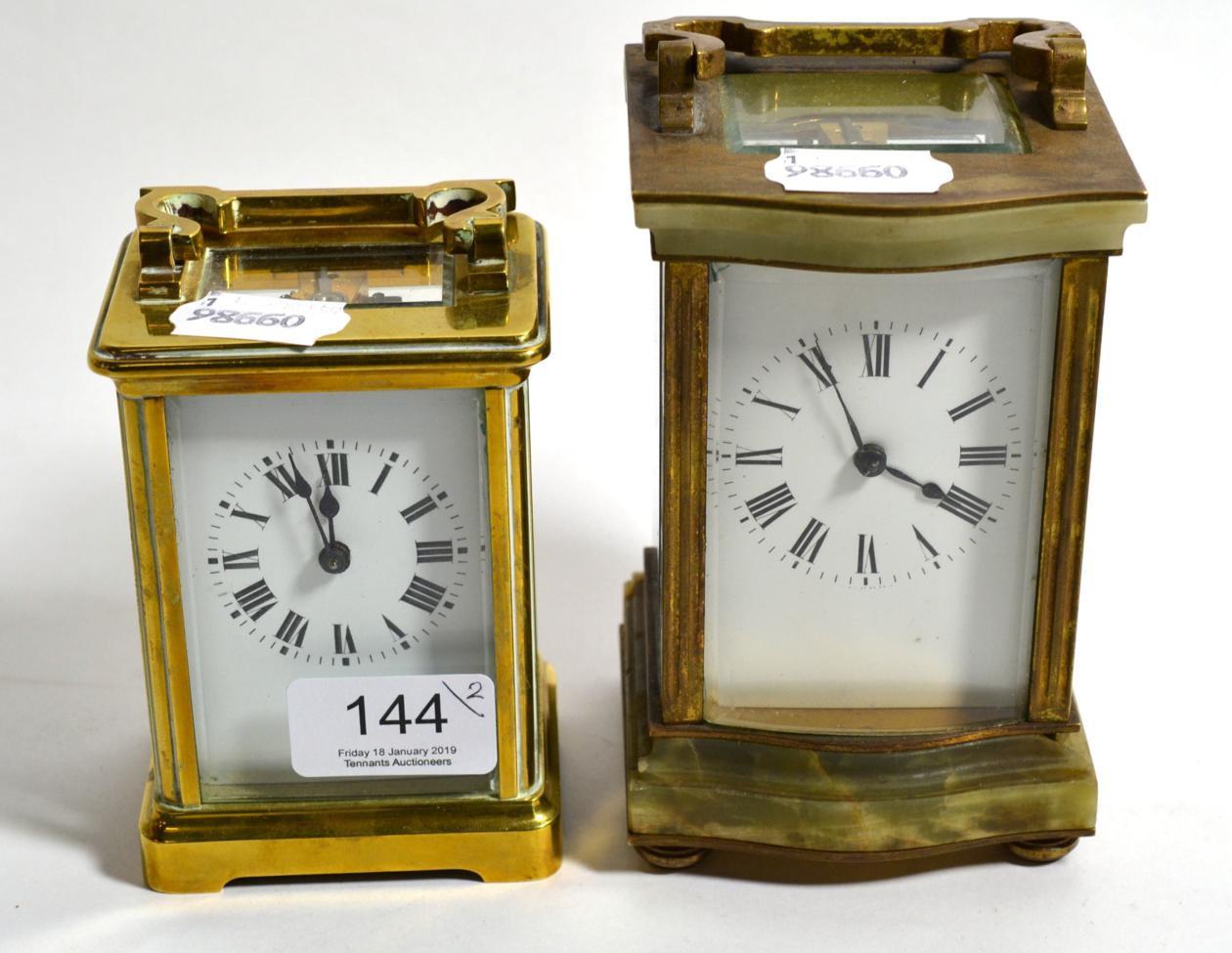 A brass and green onyx striking carriage clock together with a brass carriage timepiece (2)