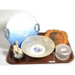 Lalique covered box; Royal Copenhagen mermaid and gull dish; KPM pierced dish; plated divided