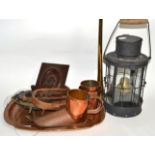 A group of miscellaneous including a lantern, Hickory wool winder; copper measures; leather dice