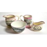 Four pieces of Sunderland pink lustre comprising a frog mug, jug and bowl each decorated with