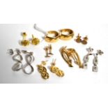 Four pairs of drop earrings, a pair of cuff earrings and three pairs of stud earrings, 19.8g gross