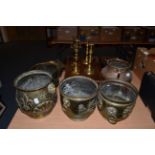 Four brass jardinieres, 19th century candlesticks, tea caddy, writing slope etc