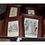 A collection of nine framed fashion engravings; together with three other prints; and a needlework