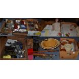 Fourteen boxes of items including textiles, earthenware, teawares, dinnerwares, FH Ayres The