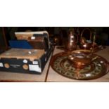 A group of copper including a Royal Mail horn, trays etc; together with cased plated flatware;