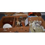 Seven boxes of assorted items including silver plate, ceramics, cameras, play worn vehicles etc.