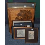 A marquetry panel depicting a woodland scene, together with a quantity of pencil works by various