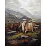 J Henry (19th century) Highland cattle in a landscape Signed, oil on canvas, 90cm by 70cm