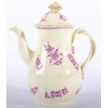 A Wedgwood Creamware Coffee Pot and Cover, circa 1775, of fluted baluster form, painted in puce