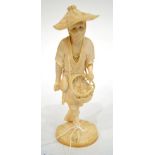 A Japanese Ivory Okimono, Meiji period, as a peasant wearing a straw hat holding a basket, on an