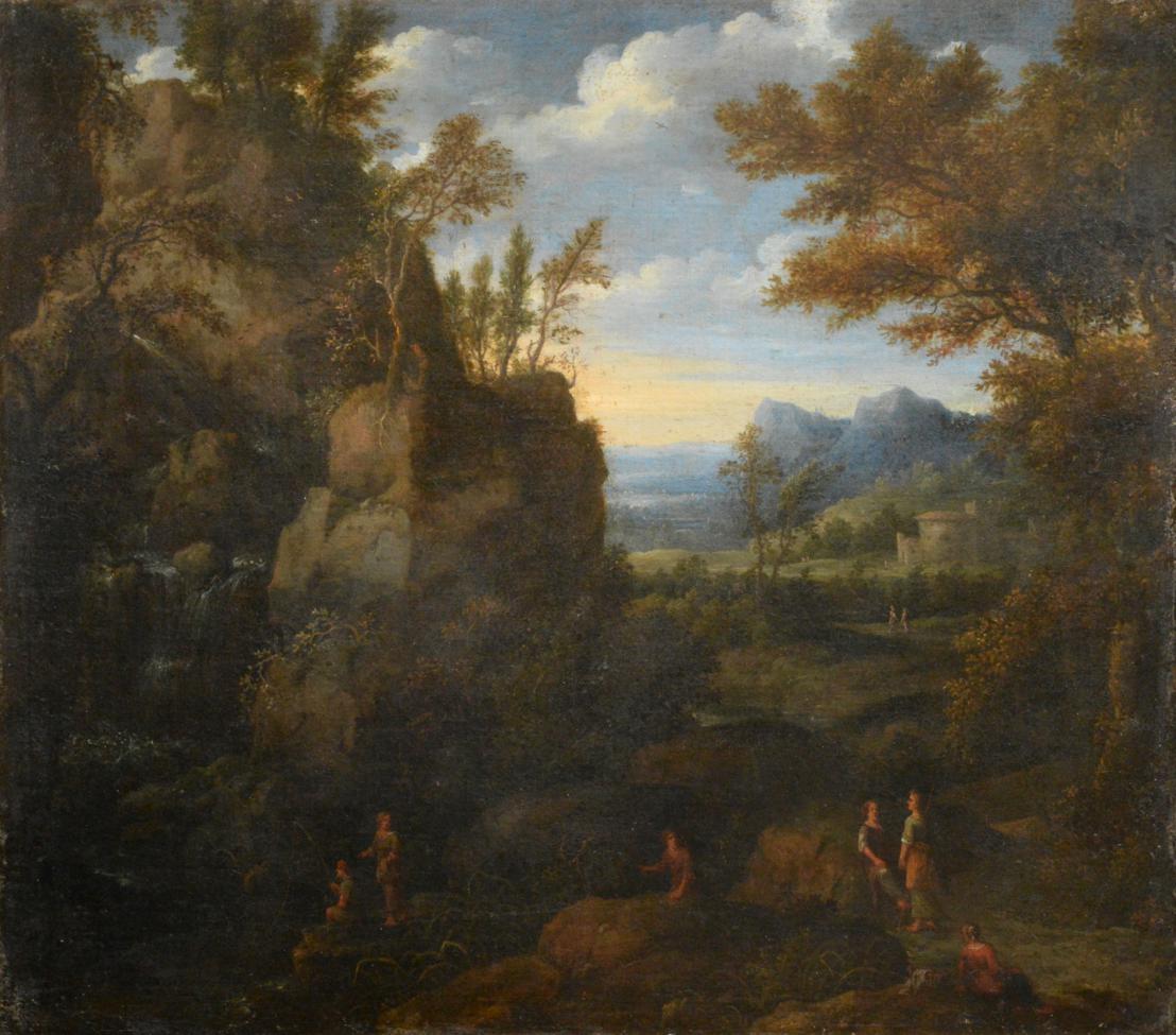 In the style of Nicolas Poussin (1594-1665) Figures angling in a rocky landscape Oil on canvas, 61cm