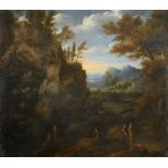 In the style of Nicolas Poussin (1594-1665) Figures angling in a rocky landscape Oil on canvas, 61cm