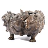A Japanese Bronze Planter, of ovoid form, cast with lions, tigers and a rhinoceros, 26cm wide