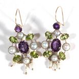 A Pair of Early Twentieth Century Amethyst, Peridot and Split Pearl Earrings, of central oval cut