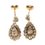 A Pair of Old Cut Diamond Cluster Pendant Earrings, old cut diamonds suspend a pear-shaped drop, set