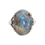 A Labradorite Cameo Ring, carved depicting the bust of Mars, in a double claw setting, to forked