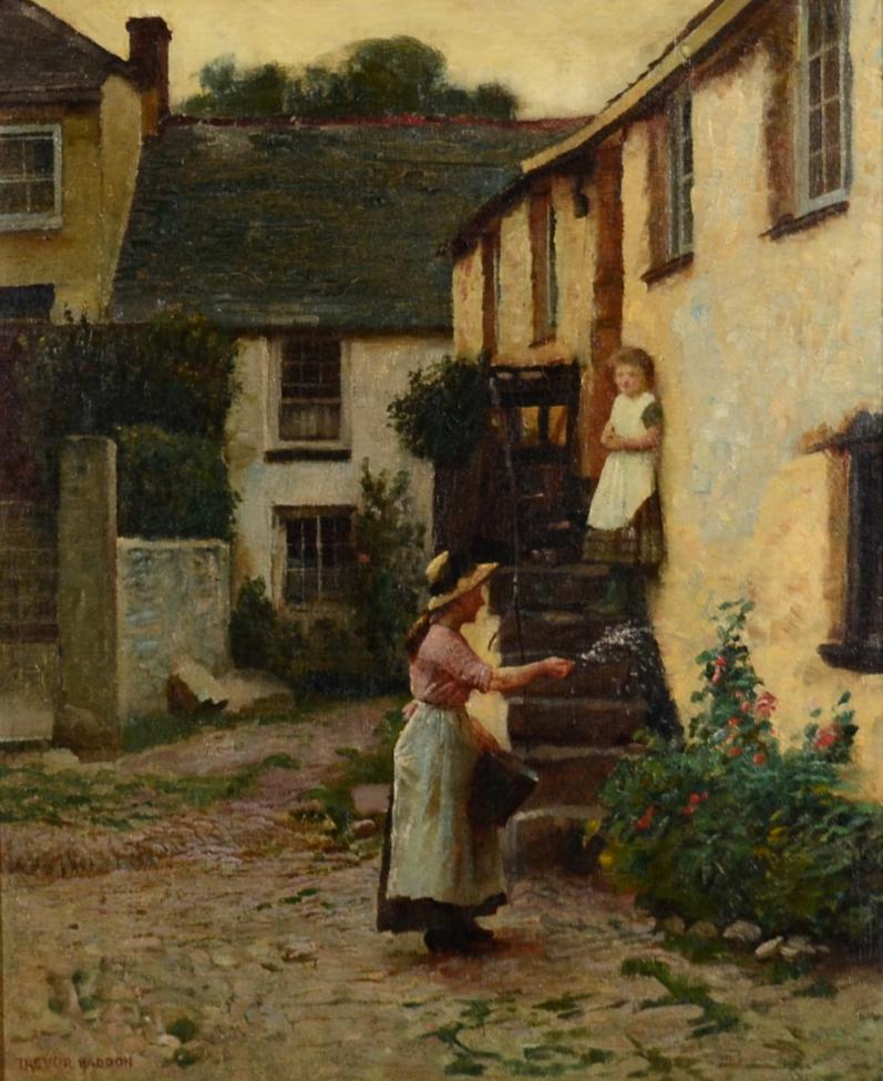 Trevor Haddon (1864-1941) Lady tending a bed of flowers outside a cottage Signed, oil on canvas,