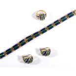 An Enamel Necklace, Ring and Earring Suite, the bracelet of three rows of alternating blue and green
