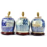 A Set of Three Chinese Porcelain Ginger Jars, 19th/20th century, of ovoid form, painted in