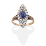 A Sapphire and Diamond Navette Ring, an oval cut sapphire to an old cut diamond set navette